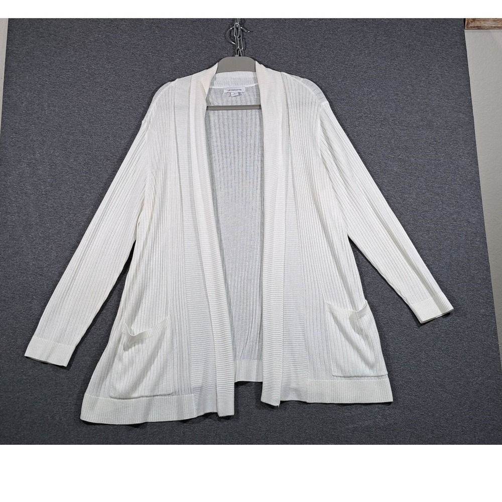Liz Claiborne White Ribbed Open Front Cardigan Pockets 1X Plus Size